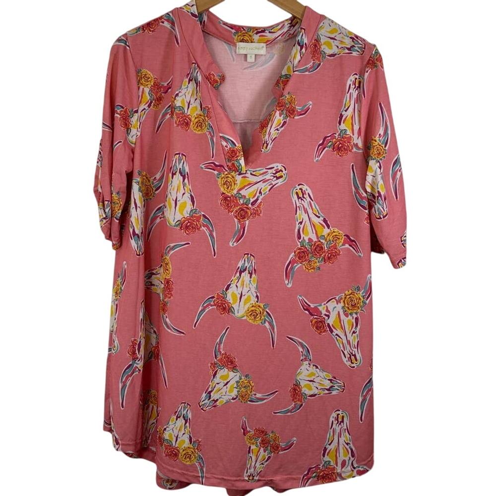 Simply Southern Pink Floral Cattle Print Short Sleeve Blouse Small